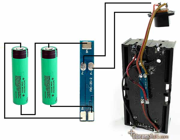 Detil rangkaian 2 baterai lithium dengan PCB 2S proteksi