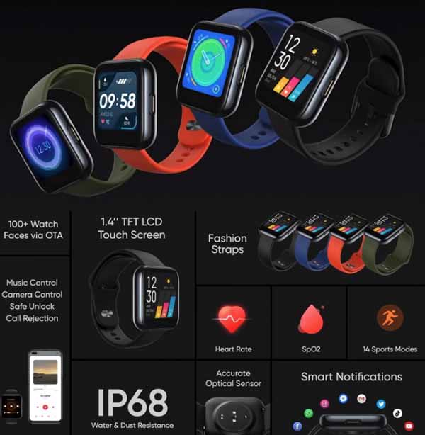 Smartwatch Realme Watch jam olahraga dengan sensor jantung dan tingkat oksigen SpO2