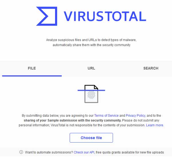 Memerika file online Virustotal