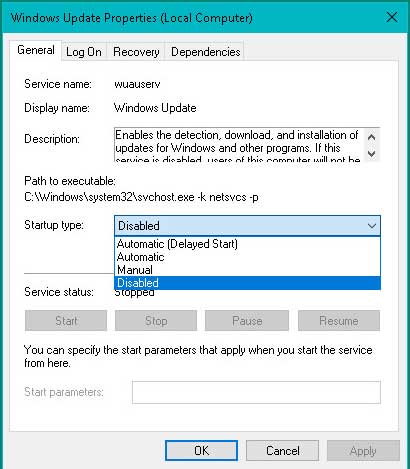 Windows Update Properties Disable
