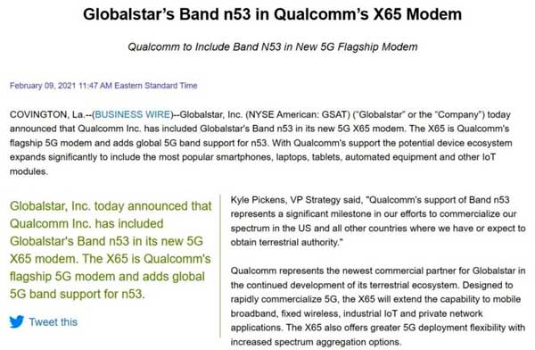 Modem Qualcomm X65 komunikasi ke satelit